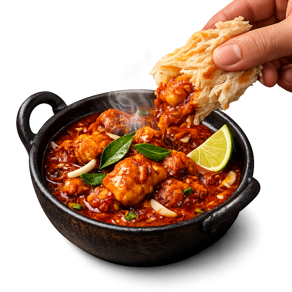 Flaky porotta dipped in hot chicken curry - Porotta Stall